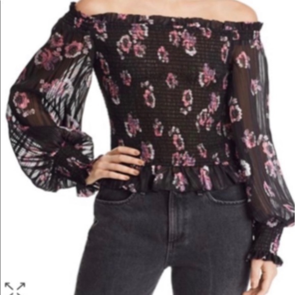 WAYF Eileen smocked off the shoulder top blouse size small balloon sleeves - Picture 1 of 14